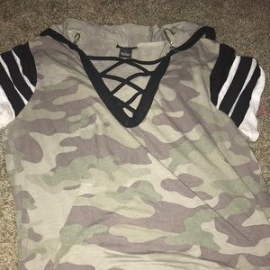rue 21 camo criss cross shirt